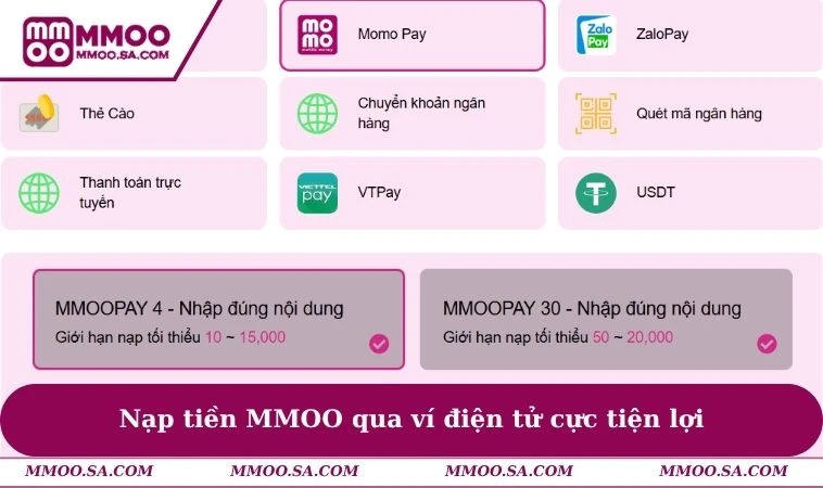 Nạp tiền MMOO qua ví điện tử cực tiện lợi
